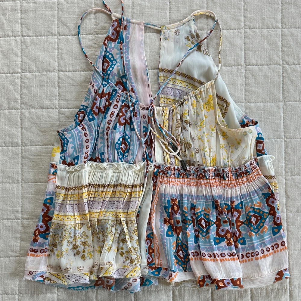 Free People Boho Patchwork Top - Blue, Yellow, Cream
